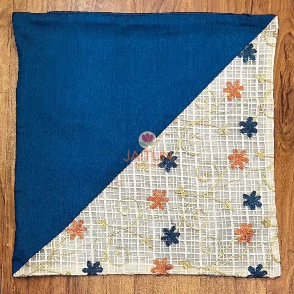 Floral Harmony Dual-Tone Cushion Cover in blue and white, front view featuring elegant floral embroidery and checkered detail