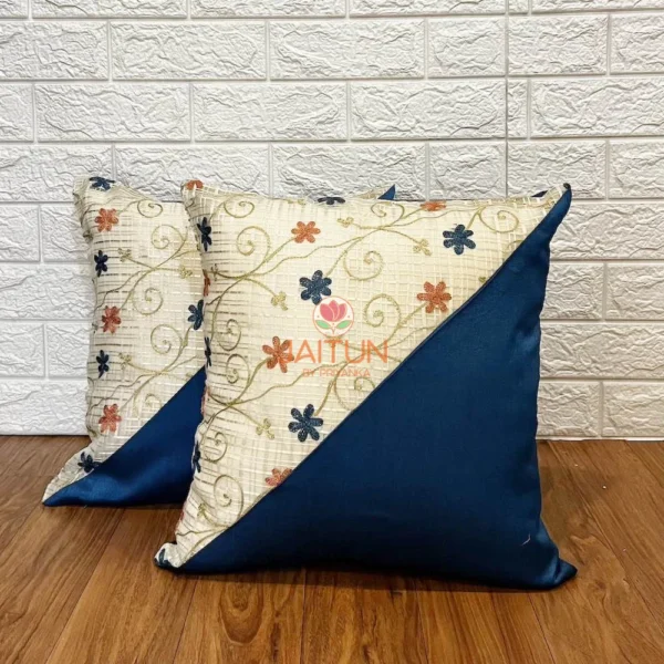 Pair of Floral Harmony Dual-Tone Cushion Covers, blue and white with embroidered floral design, perfect for living area
