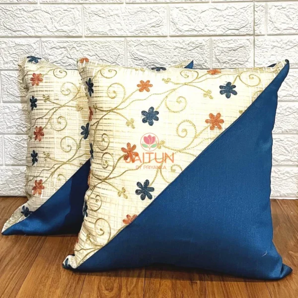 Floral Harmony Dual-Tone Cushion Cover set, showcased for interior decor, blue and white with orange and navy floral embroidery