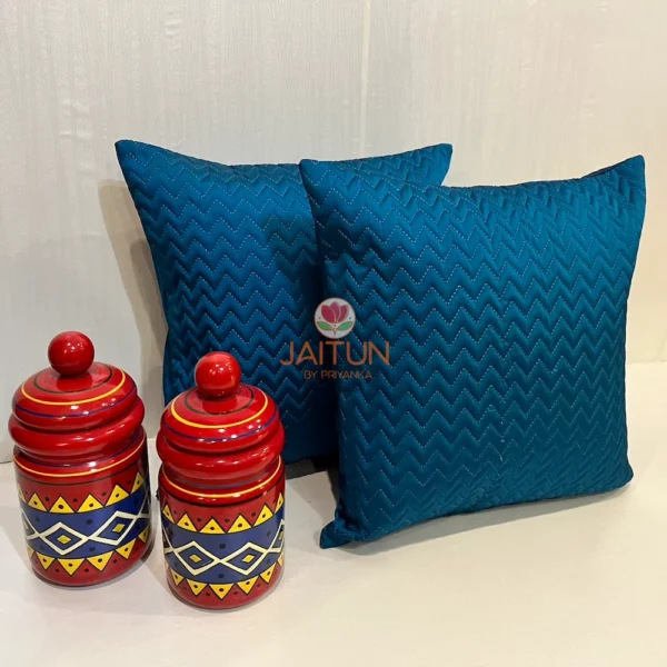 Two Azure Comfort Chevron Cushions in blue, placed together for modern home décor inspiration