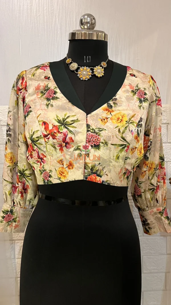 Blossom Elegance Floral Blouse front view with vibrant flower print and elegant neckline