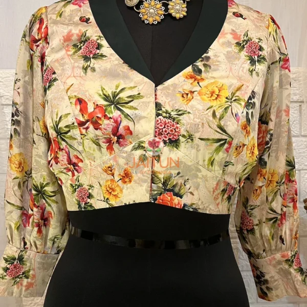 Blossom Elegance Floral Blouse front view with vibrant flower print and elegant neckline
