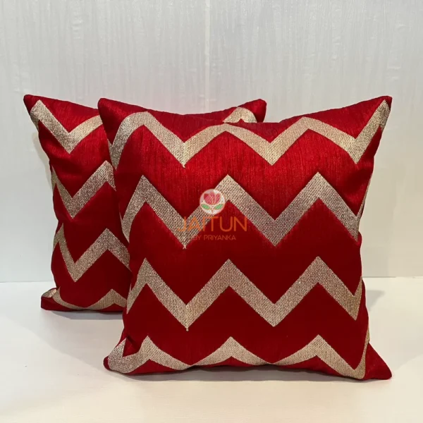 Pair of Red & Golden Chevron Cushions, Vibrant Living Room Cushion Set Display