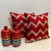Stylish Home Décor with Pair of Red & Golden Chevron Cushions and Traditional Ceramic Jars