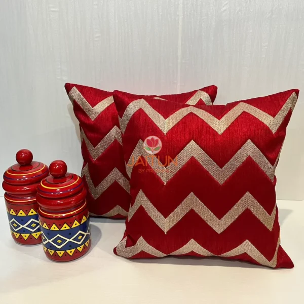 Pair of Chevron Pattern Red & Golden Cushions Styled with Decorative Jars for Home Décor