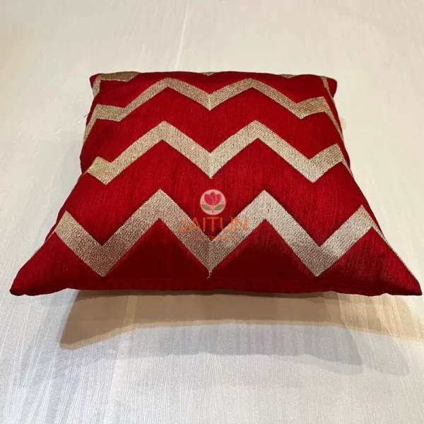 Chevron Pattern Cushion in Red and Golden, Elegant Single Cushion Front View for Living Room Décor