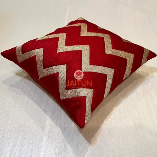 Stylish Red & Golden Chevron Cushion Cover, Side Angle Display for Modern Sofa Styling