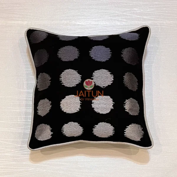 Eclipse Polka Dot Cushion Cover with black base and silver embroidered dots, stylish front view for modern interiors