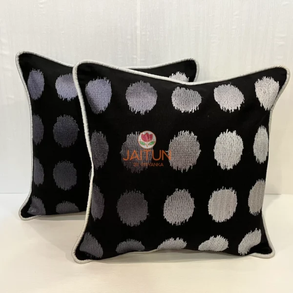 Pair of Eclipse Polka Dot Cushion Covers in black and silver, decorative set for living room