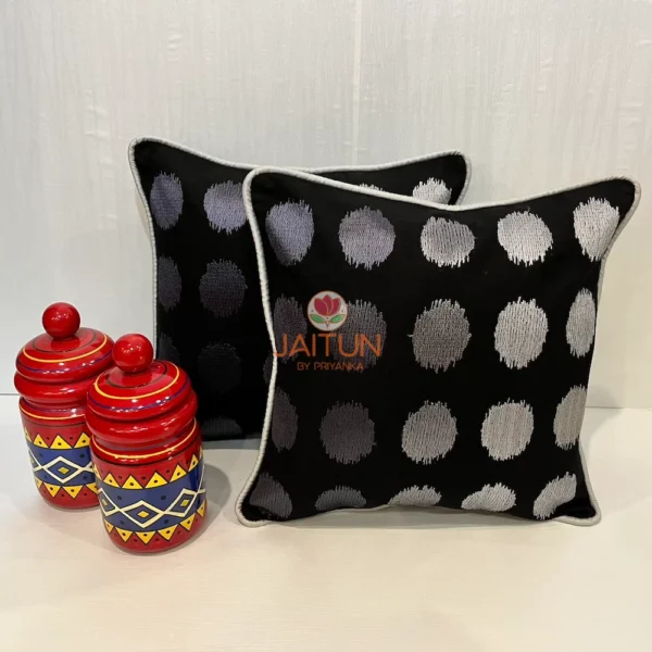 Eclipse Polka Dot Cushion Pair styled with traditional decor jars, black and silver cushion set for home styling