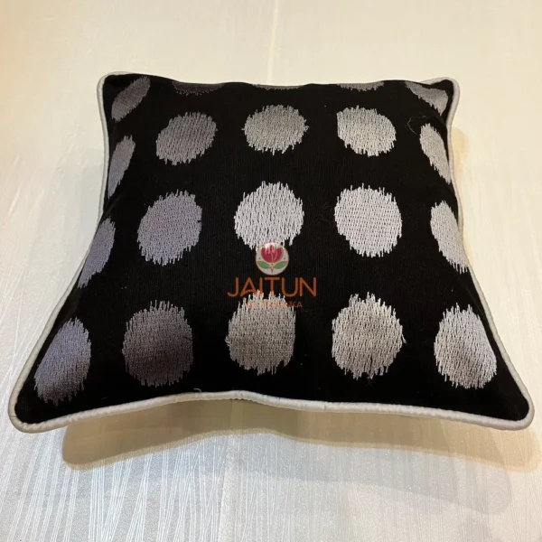 Secondary angle of Eclipse Polka Dot Cushion Cover, black with bold silver embroidered dots, luxury finish