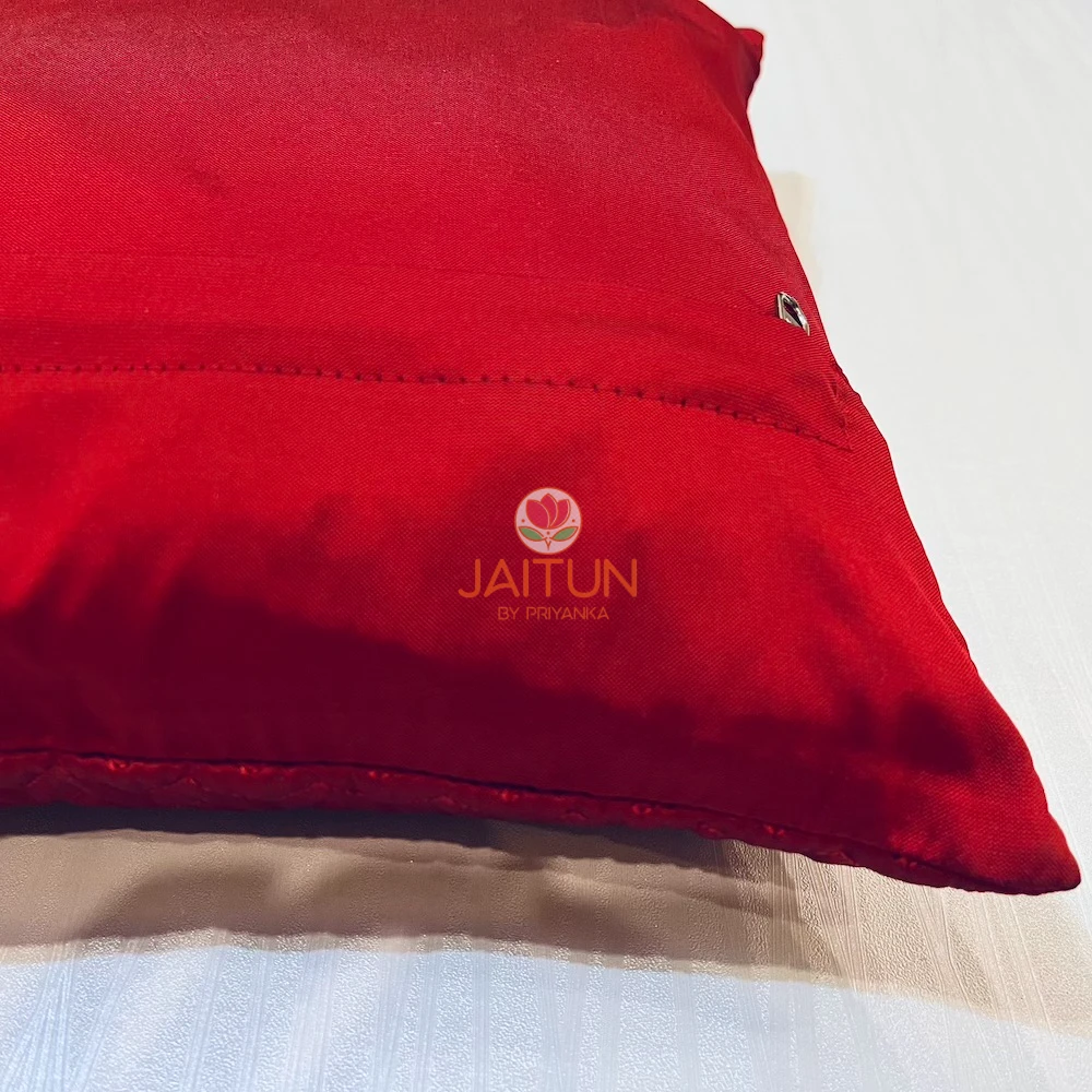 Back panel of Elegant Chevron Red Cushion Cover, high-quality fabric and secure closure detail