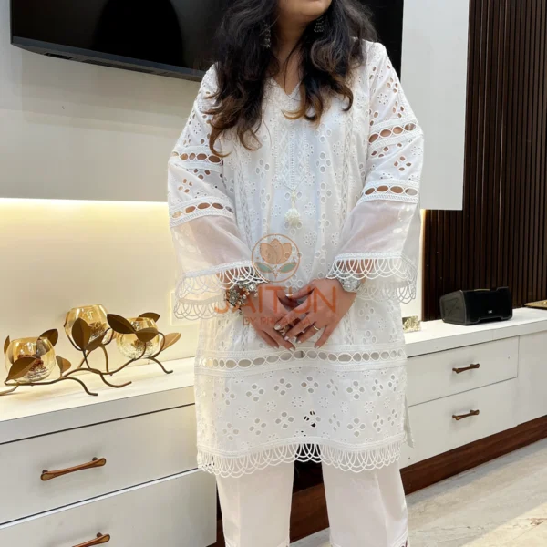 Front view of Elegant White Cotton Shifli Suit Set featuring all-over shifli embroidery, flared sleeves, and lace detailing