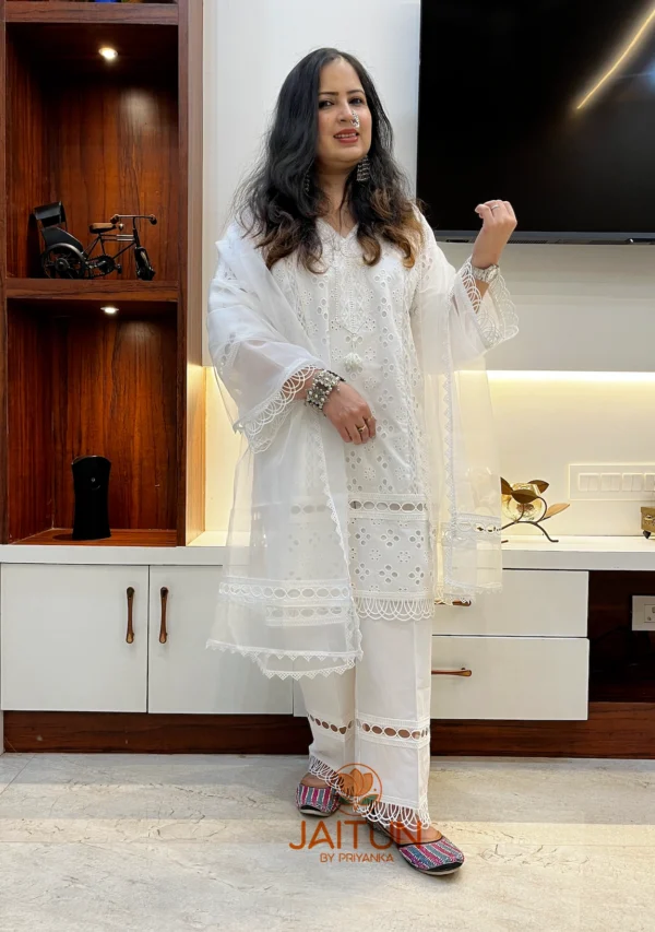 Full outfit view of Elegant White Cotton Shifli Suit Set with embroidered kurta, sheer dupatta, and matching pants