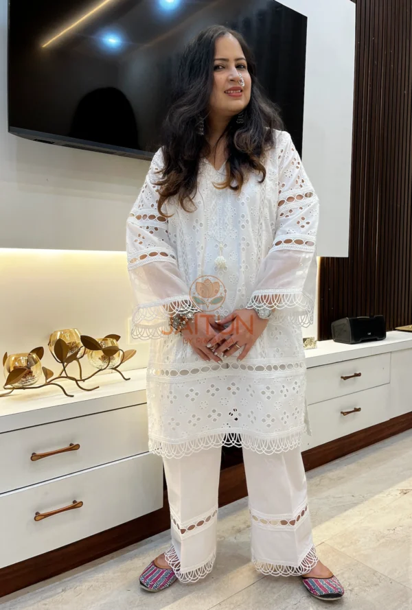 Elegant White Cotton Shifli Suit Set