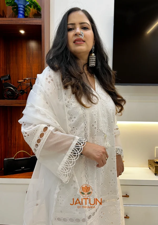 Elegant White Cotton Shifli Suit Set - Image 2