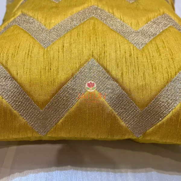 Detailed close-up of metallic chevron pattern on Yellow Chevron Luxe Throw Cushion for modern interiors