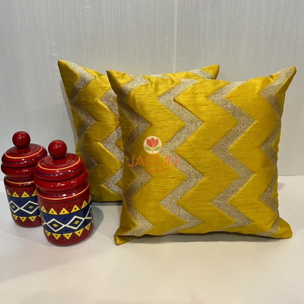 Yellow Chevron Luxe Throw Cushions displayed as a pair with decorative jars, perfect for boho-chic living rooms