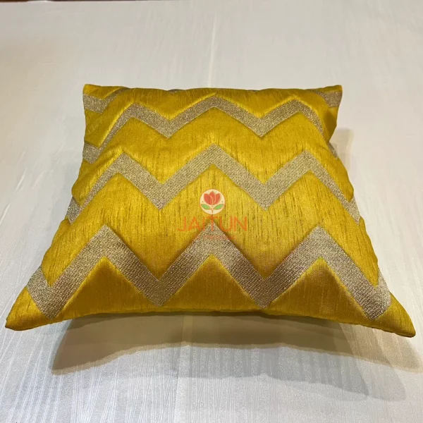 Single Yellow Chevron Luxe Throw Cushion, displayed with metallic chevron and bright yellow sheen