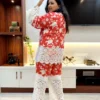 Coral Floral Co-Ord Set with White Lace Accents featuring a back view and floral patterns