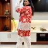 Stylish back pose showcasing Coral Floral Co-Ord Set with intricate white lace embroidery