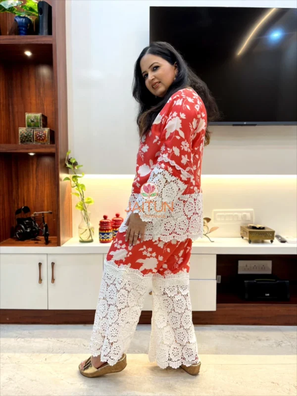 Side profile view of Coral Floral Co-Ord Set featuring white lace accents and floral design