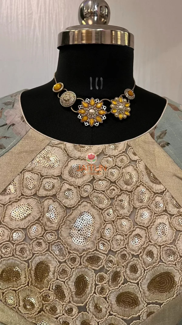 Embroidery closeup with golden sequins on Elegant Blossom Crop Top Blouse