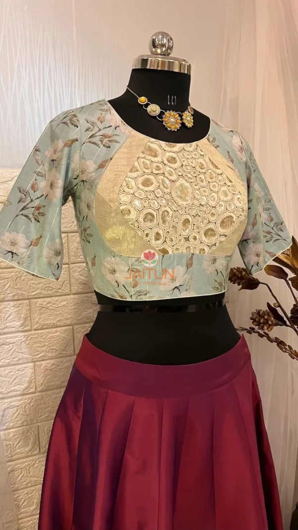 Elegant Blossom Embroidered Crop Top Blouse featuring pastel floral print and golden embroidery on the front