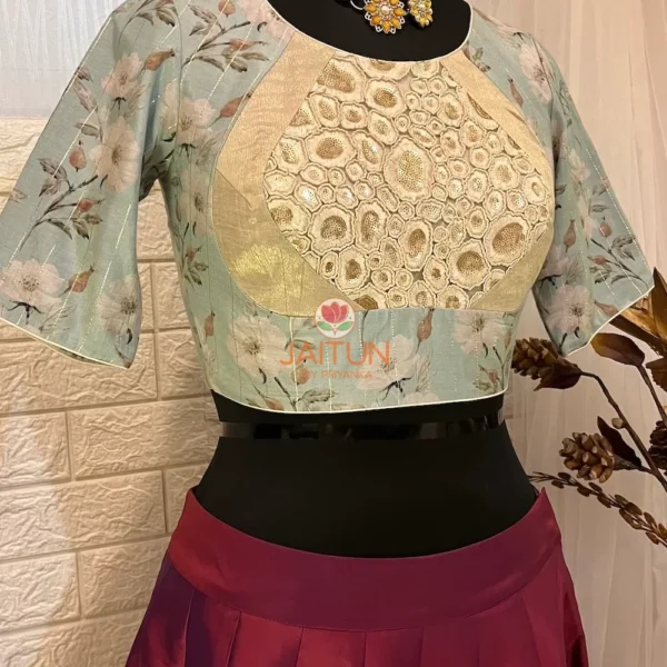 Elegant Blossom Embroidered Crop Top Blouse featuring pastel floral print and golden embroidery on the front
