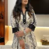 Elegant Floral Embroidered Kurta & Pant Suit Set front closeup highlighting intricate floral embroidery and lace sleeve detailing
