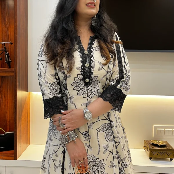 Elegant Floral Embroidered Kurta & Pant Suit Set front closeup highlighting intricate floral embroidery and lace sleeve detailing