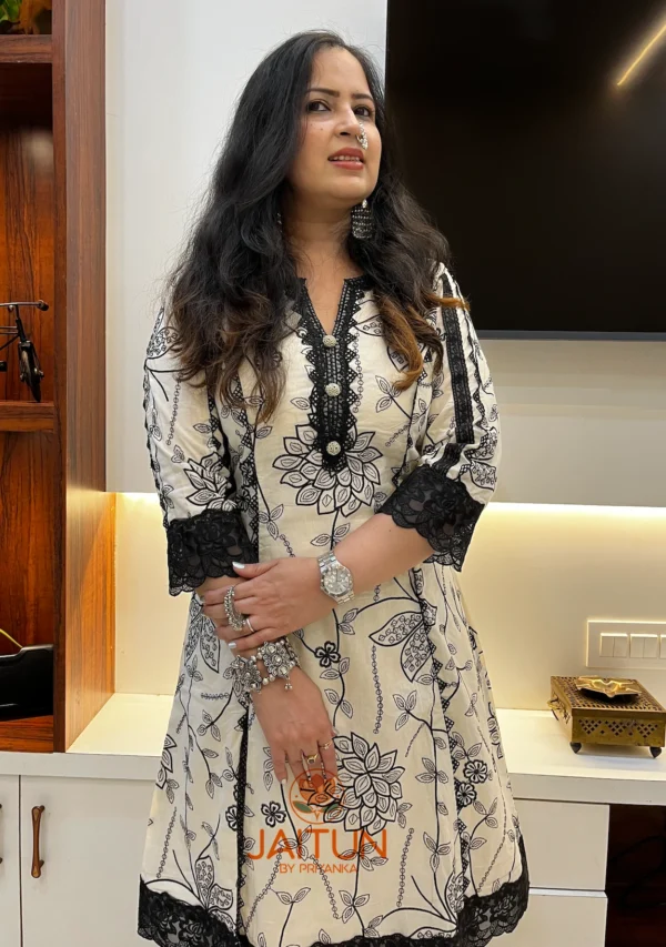 Elegant Floral Embroidered Kurta & Pant Suit Set front closeup highlighting intricate floral embroidery and lace sleeve detailing