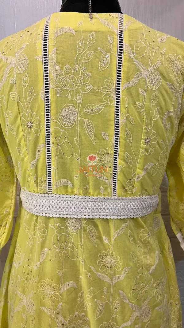 Lemon Green Wrap Around Kurti – Back Belt Embroidery Detail, Cotton Dress for Women