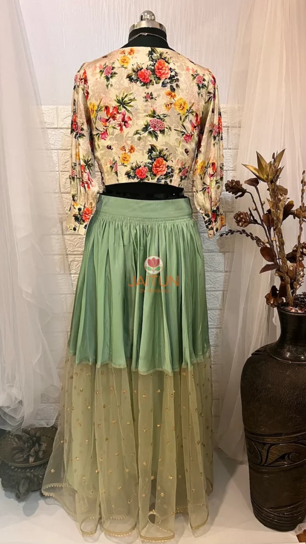 Back view of Enchanted Meadow Tulle Maxi Skirt Lehenga with floral top and layered skirt