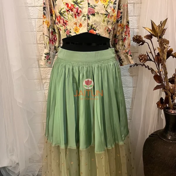 Front view of Enchanted Meadow Tulle Maxi Skirt Lehenga featuring soft green hues and embroidered tulle overlay