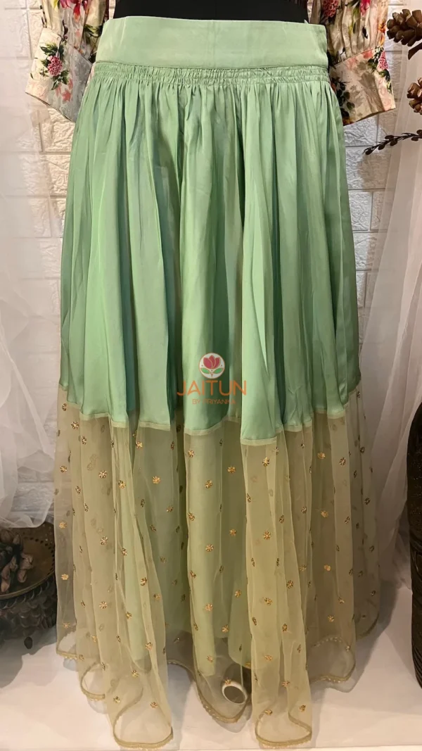 Front closeup of pastel green skirt from Enchanted Meadow Tulle Maxi Skirt Lehenga