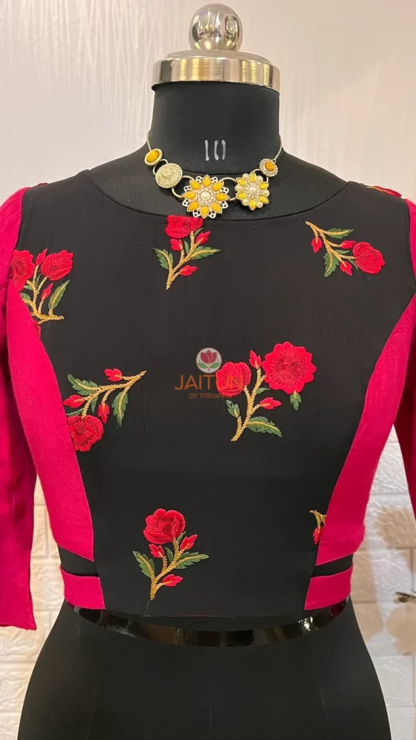 Ruffle sleeve closeup in bright pink of Floral Fantasy Crop Blouse