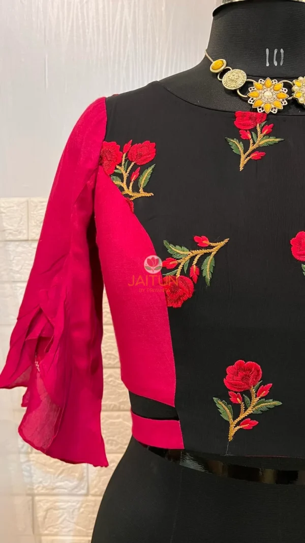 Ruffle sleeve closeup in bright pink of Floral Fantasy Crop Blouse