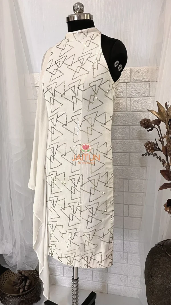 Close-up of the elegant long drape sleeve on Geometric Elegance Straight Dress, featuring sleek white Chinnon crepe and geometric silver embroidery.