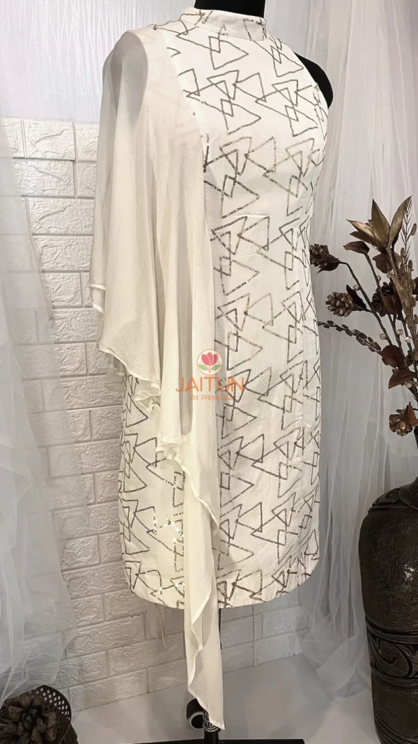 Angled front display of Geometric Elegance Straight Dress showcasing its innovative asymmetrical one-sleeve style, silver geometric pattern, and tailored fit for chic Kurti ensembles.