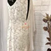 Back view of Geometric Elegance Straight Dress showing the tailored fit, open slit detail, and silver geometric motifs, perfect for modern Kurti-inspired dresses.