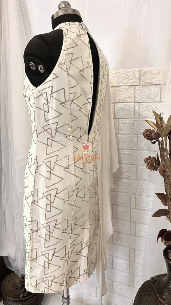 Back view of Geometric Elegance Straight Dress showing the tailored fit, open slit detail, and silver geometric motifs, perfect for modern Kurti-inspired dresses.
