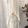 Side view of Geometric Elegance White Straight Dress, showcasing the flowing drape sleeve and geometric print, ideal for formal and party wear Kurti collections.