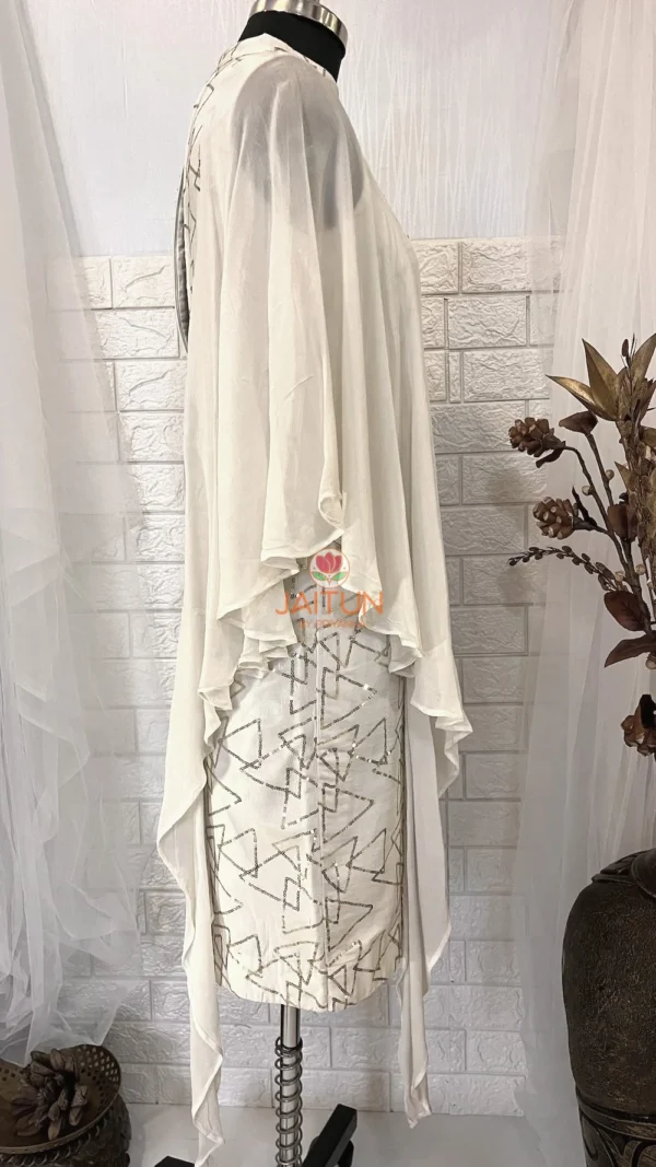 Side view of Geometric Elegance White Straight Dress, showcasing the flowing drape sleeve and geometric print, ideal for formal and party wear Kurti collections.