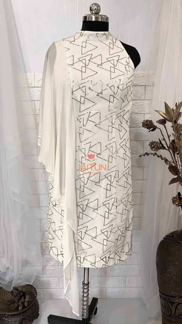 Angled front display of Geometric Elegance Straight Dress showcasing its innovative asymmetrical one-sleeve style, silver geometric pattern, and tailored fit for chic Kurti ensembles.