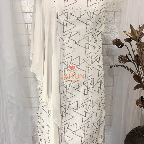 Angled front display of Geometric Elegance Straight Dress showcasing its innovative asymmetrical one-sleeve style, silver geometric pattern, and tailored fit for chic Kurti ensembles.