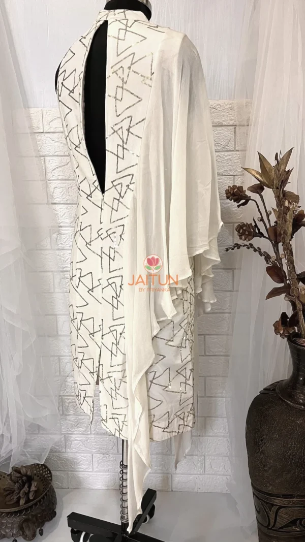 Full display of Geometric Elegance Straight Dress on mannequin, highlighting the pure white crepe fabric, statement geometric print, and asymmetrical sleeve design.