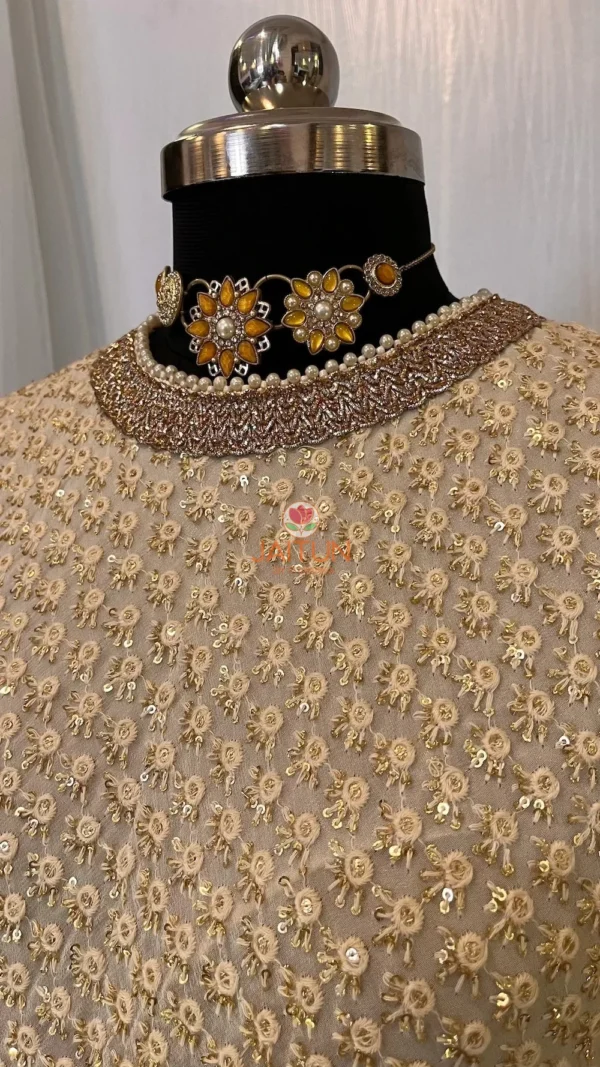Back view of Golden Grace A-Line Kurta in golden tones, showing elegant fit, gold trim, and festive embellishments for special occasions and party wear.