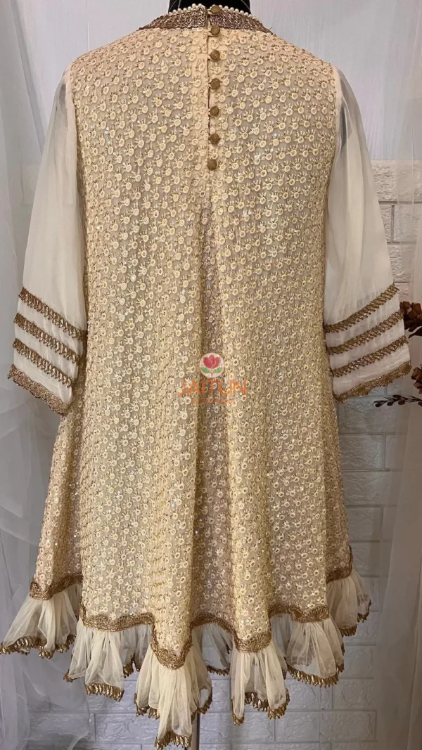 Side view of Golden Grace Embellished A-Line Kurta highlighting gold embroidery and elegant festive details, perfect for party wear and designer Kurti looks.