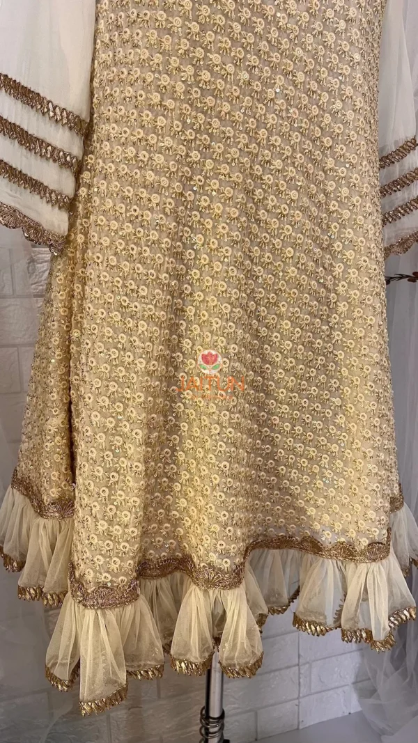 Golden Grace Embellished A-Line Kurta fully displayed, featuring luxurious gold accents, geometric embroidery, and a flattering silhouette for festive occasions.